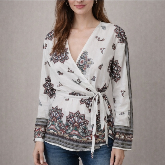 Banjul Tops - Banjul White Paisley Wrap Shirt Tie Waist Boho Size M